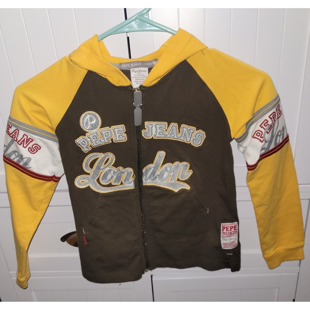 Pepe Jeans London Zip Up Hoodie Jacket Olive Yellow Graphic Logo Size M 10 12 - Picture 1 of 9